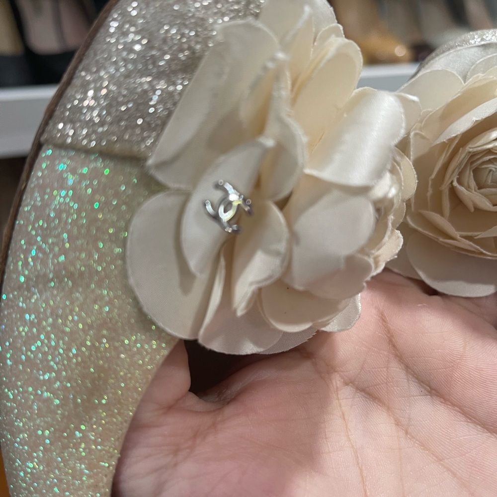 CHANEL Beige Glitter Camellia-Embellished Ballet Flats - Picture 11 of 13